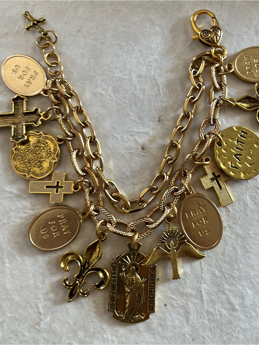 Catholic Saints and Crosses Charm Bracelet, Gold Tone Medals - Picture 8 of 12